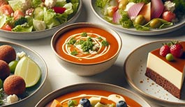 un plato de ensalada, salmorejo, albóndigas y tarta de queso